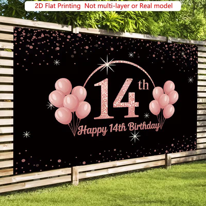 Sfondo 2D per Festa di 14° Compleanno, Sfondo Fotografico con Palloncini Nero Oro Rosa