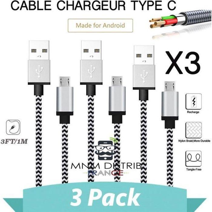 MNM DISTRIB© Lot de 3 Câble chargeur USB Type C argent pour samsung galaxy A3 / A5 (2017)