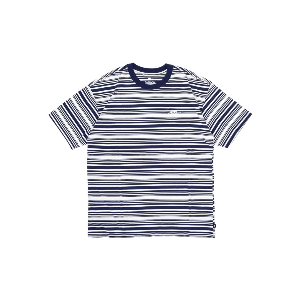 Nike Pasiasty T-shirt Casual z Okrągłym Dekoltem i Krótkim Rękawem dla Mężczyzn, Biało-Niebieski