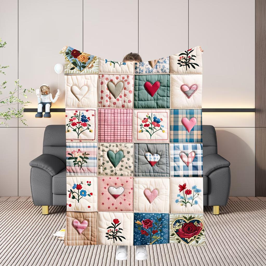 Flannel Soft Blanket  Patchwork Design with Mint Green, Sage Green, White Floral, and Plaid Prints  Warm for All SeasonsBlanket