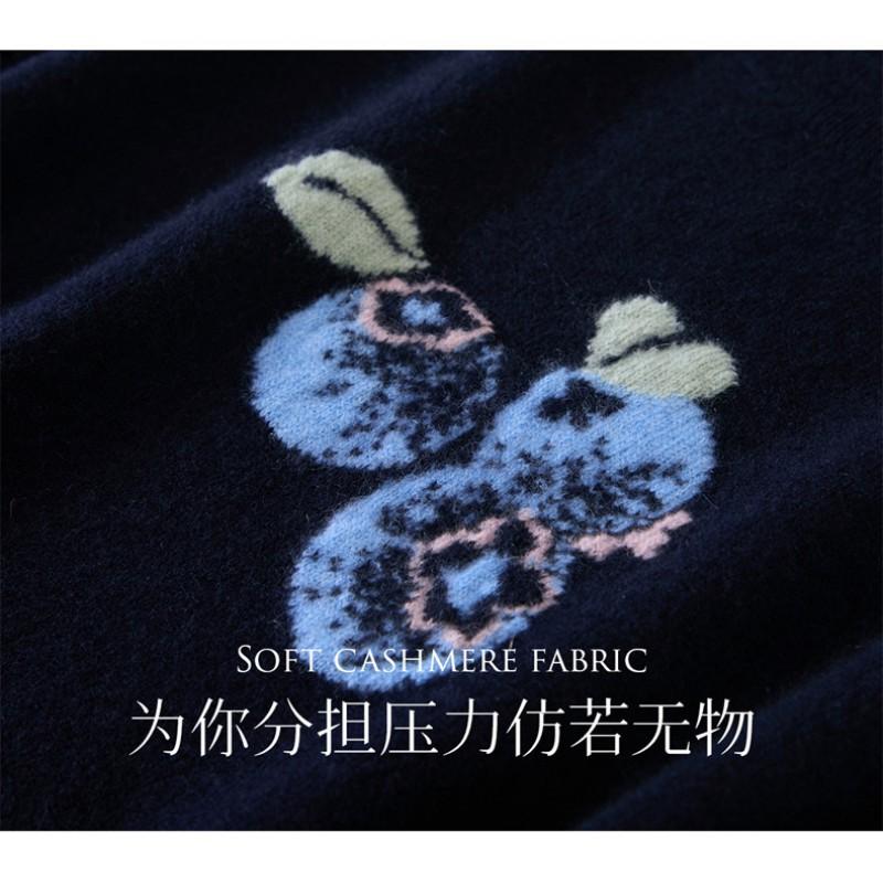 Womens 100% Cashmere Sweater Round Neck Pullover With Blueberry Embroidery Jacquard Knit Winter Layering