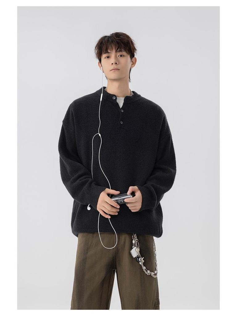 520g Men's Retro Henley Collar Heavyweight Sweater - Old Money Style, Casual Knit Hoodie, Plus Size, Autumn/Winter Wear