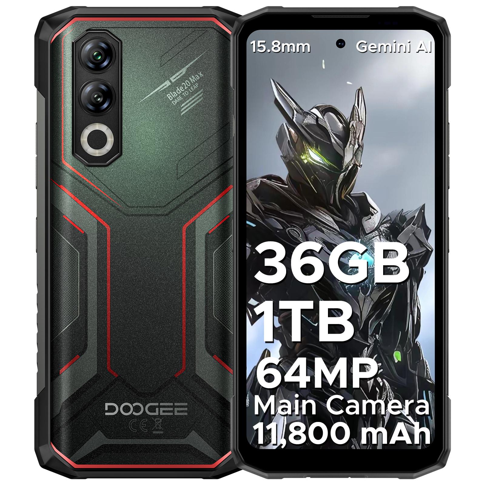 DOOGEE Blade 20 Max Android 15 Robustes Smartphone, 36 GB + 1 TB ROM/TF 2 TB, 11800 mAh/33 W, 6,6 Zoll 120 Hz + 64 MP, 3-Karten-Steckplatz/4G SIM/NFC/GPS/Gesichtserkennung rot