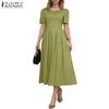 ZANZEA Women Summer Square Collar Casual Short Sleeve Long Dress