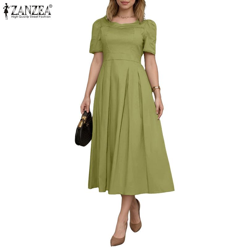 ZANZEA Women Summer Square Collar Casual Short Sleeve Long Dress
