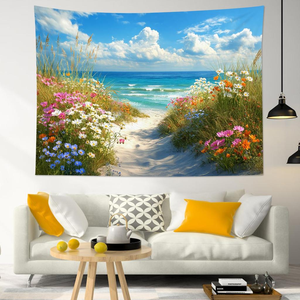 Coastal Window View Wall Hanging, Tropical Beach Ocean Green Tree Nature Landscape Art Fabric for Bedroom Living Room Decor