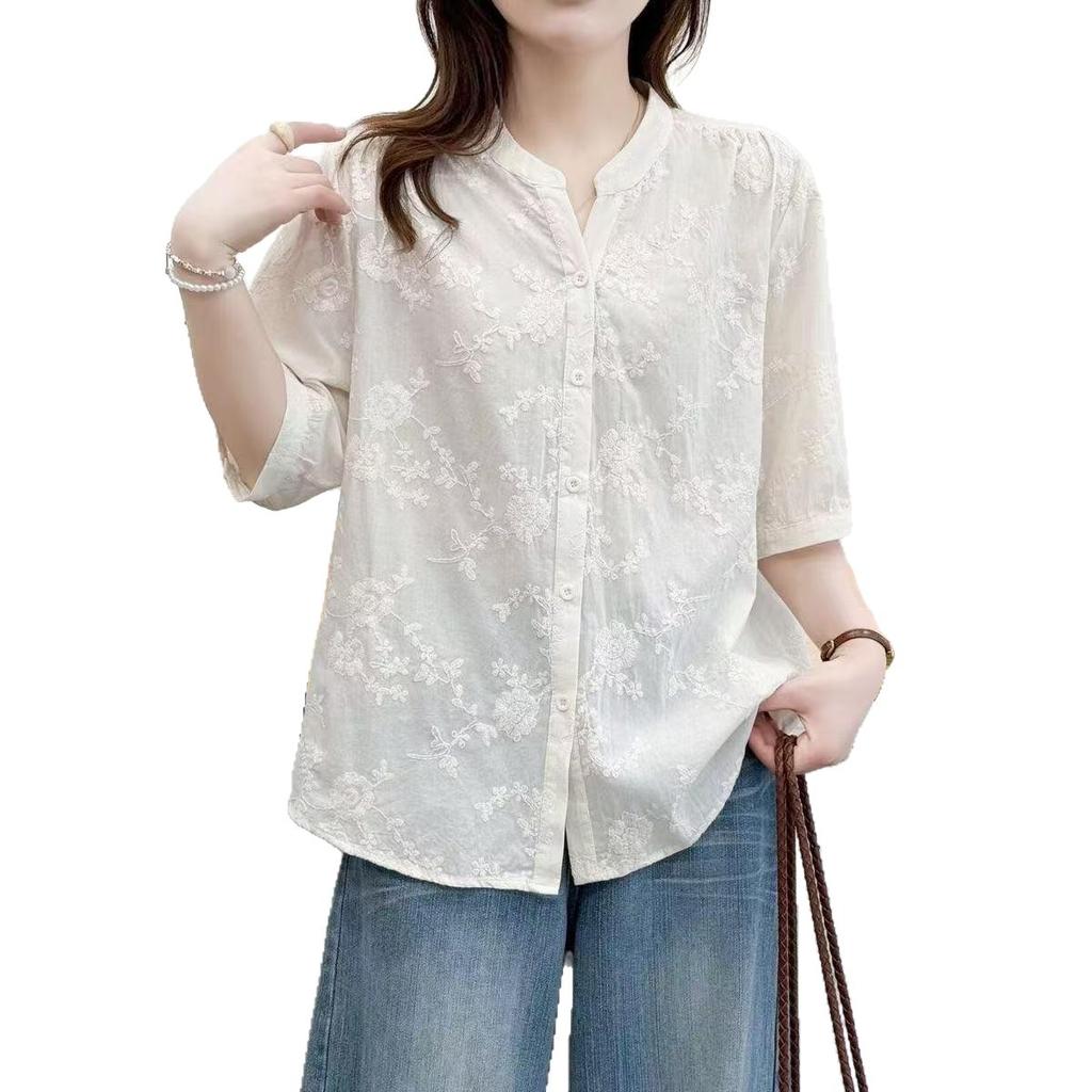 Pure cotton 1116 summer new women's large size loose and thin V-neck embroidered shirt foreign style casual 100 design sense