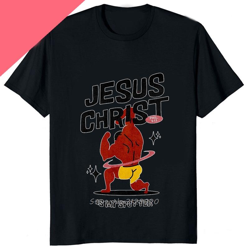 Lustiges Jesus Ist Mein Spotter Aufgedrucktes Grafik-Baumwoll-Herren-T-Shirt Humor Gewichtheben GYM T-Shirt Lässige Mode Streetwear Herren-T-Shirts