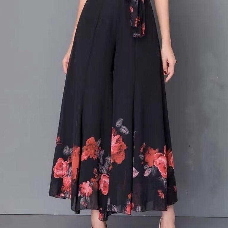 

Summer Autumn Oversized Floral Print Patchwork Chiffon Wide Leg Pants Women High Waist Loose Casual All-match Ninth Trousers 4XL