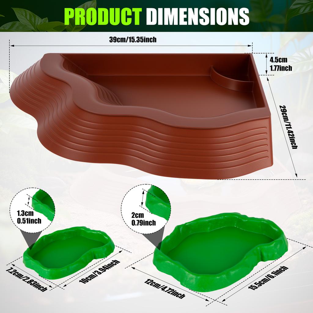 3Pcs Tortoise Water Dish Set Plastic Reptile Water Bowls with Ramp Turtle Pool Aquarium Habitat Accessories Small Pet Supplies