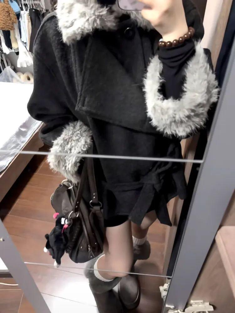 Корейское Высококачественное Кофейное Плюшевое Пэчворк Женское Зимнее Утягивающее Шерстяное Пальто S