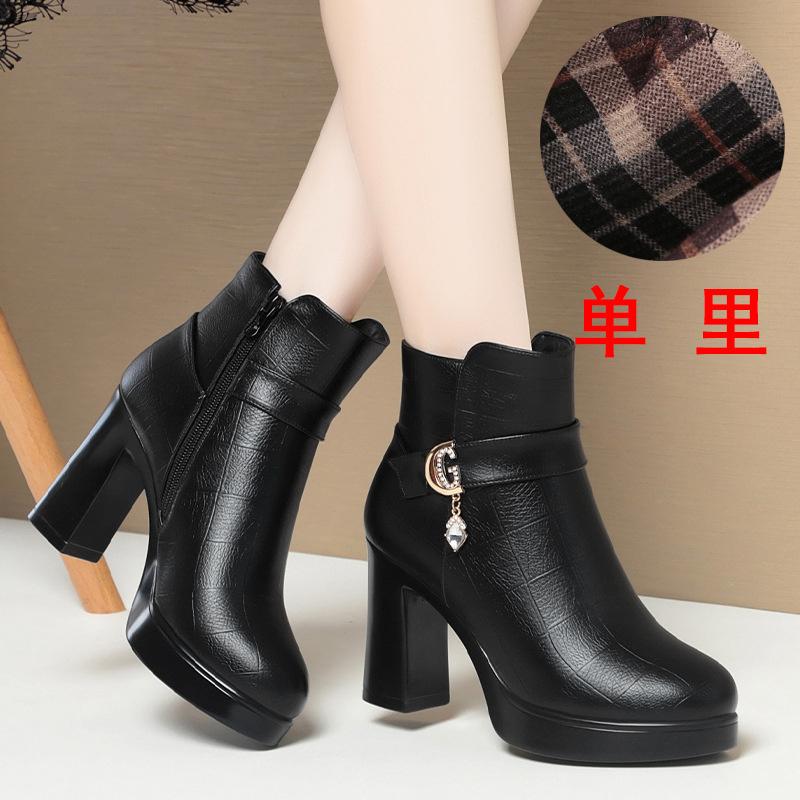 Fashion Winter Women Soft Leather Ankle Boots Thick Plush Warm Snow Short Boots Mother Non-slip High Heel Shoe