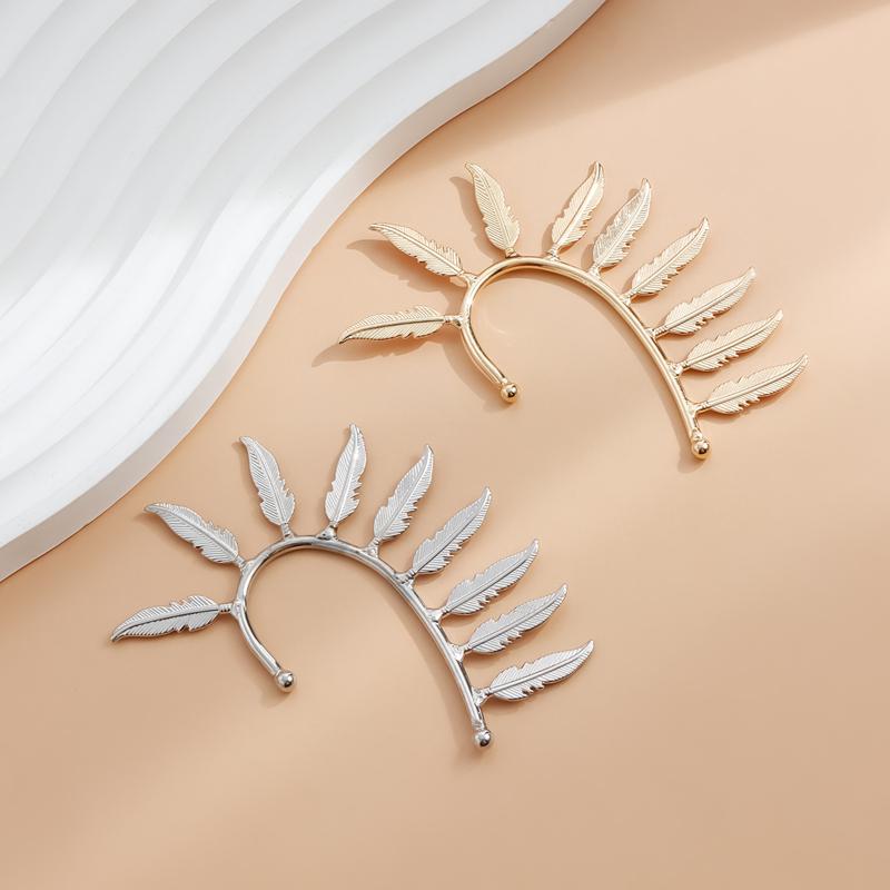 Fashion Metal Feather Ear Cuff Earrings for Women Exaggerated C-Shaped Ear Hook Without Ear Hole Clip On Earrings Decor Jewelry