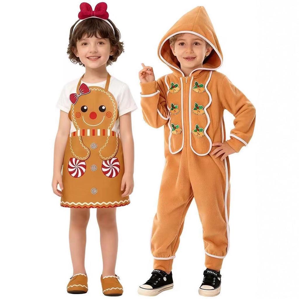 Christmas Gingerbread Cosplay Pajamas And Apron For Kids With Zipper Closure For Holiday Sleepwear