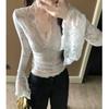 Deep V Neck Lace Short Blouse Long Sleeve Slim Fit See Through Crop Tops Spring Summer Sexy Thin Streetwear Solid Color Shirts