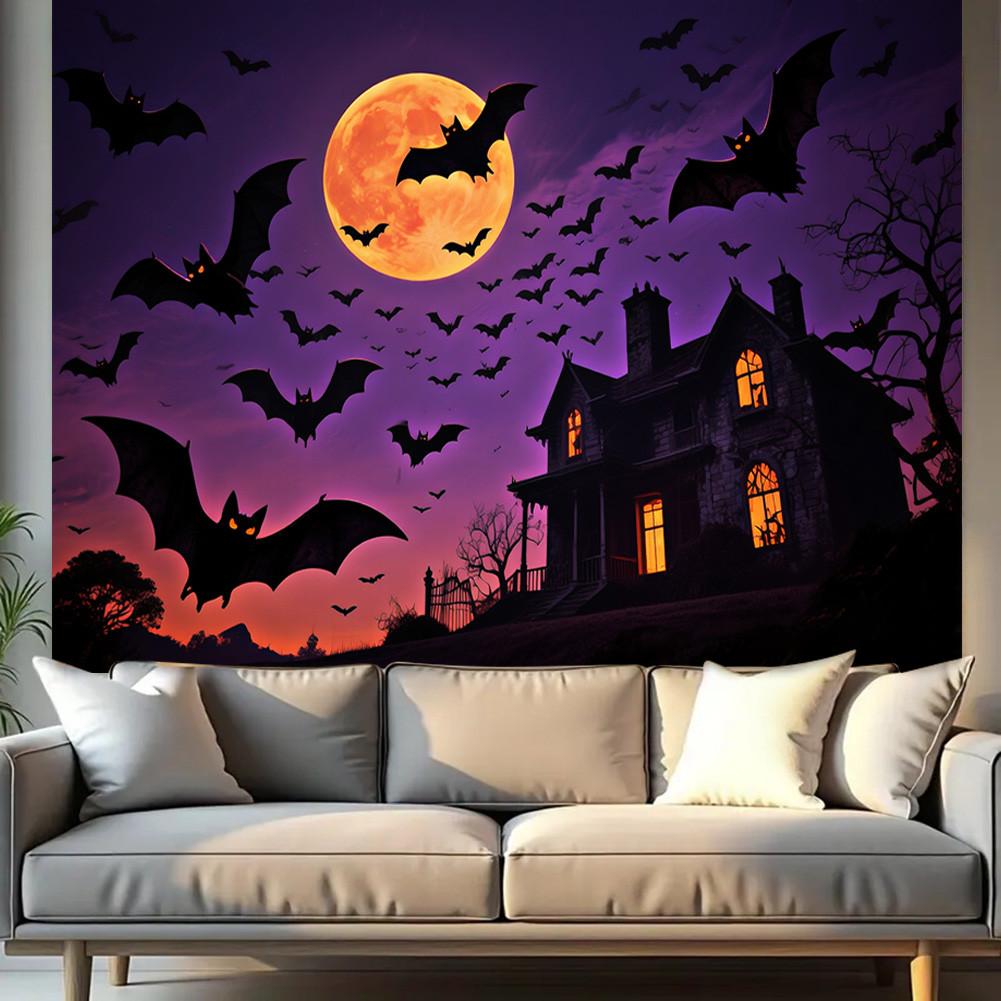 With Castle,Bats,Full Moon Elements-Halloween Backdrop Tapestry for Photo Booth,Party Event,Holiday Celebration,Wall Decor