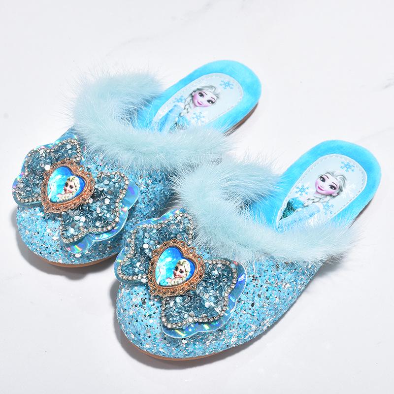 Elsa Winter Plüsch Prinzessin Baumwoll Hausschuhe für Mädchen – Rutschfest, Geschlossene Zehen, Warme Komfortschuhe