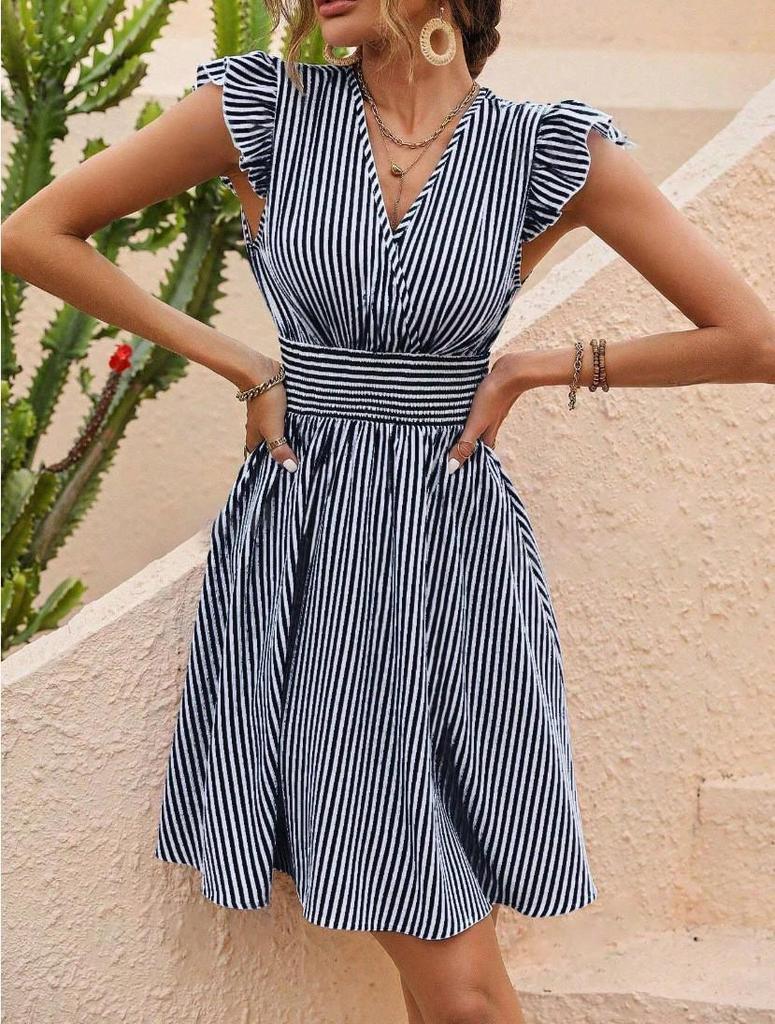 Colorful Summer Women's Slim-Fit Striped Butterfly Sleeve Dress