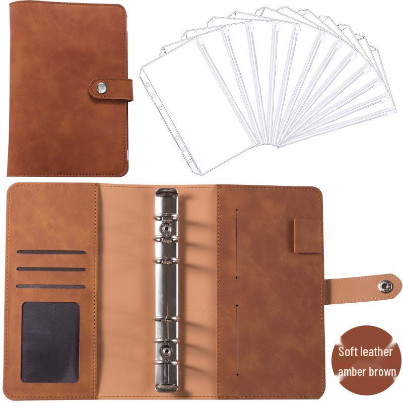 A6 Macaroon Leather Notebook Binder with 12 Refillable Zipper Pockets for Bills and Coins