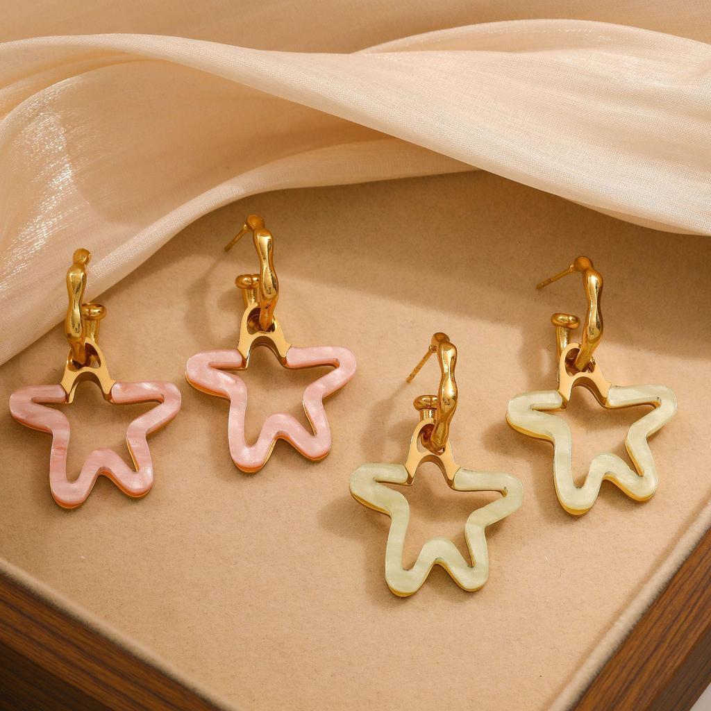 Elegant Hollow Star Stainless Steel Stud Earrings - Colorful Acrylic for Women