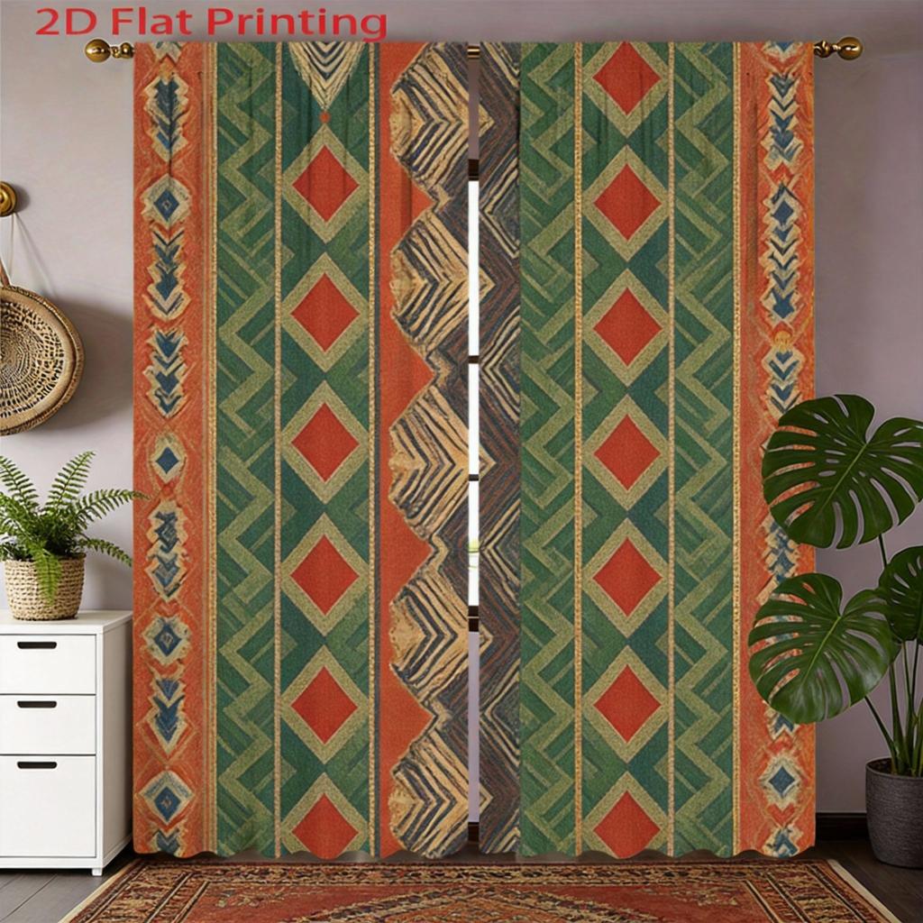 Tribal Geometric Curtains 2pcs – Aztec Inspired Blue Orange Pattern, Bohemian Ethnic Decor for Living Room and Bedroom