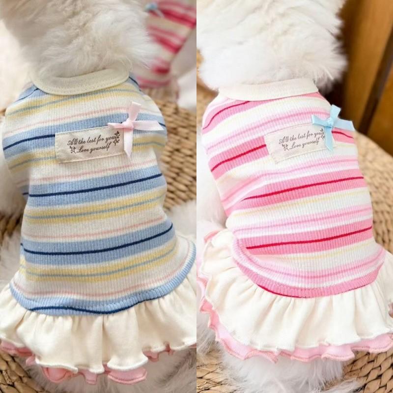 Dog Dress Girls 2 Set Dog Summer Clothes Cooling Skirts Puppy Dresses Striped Strawberry Print Cat Dog Clothing Chihuahua Outfit