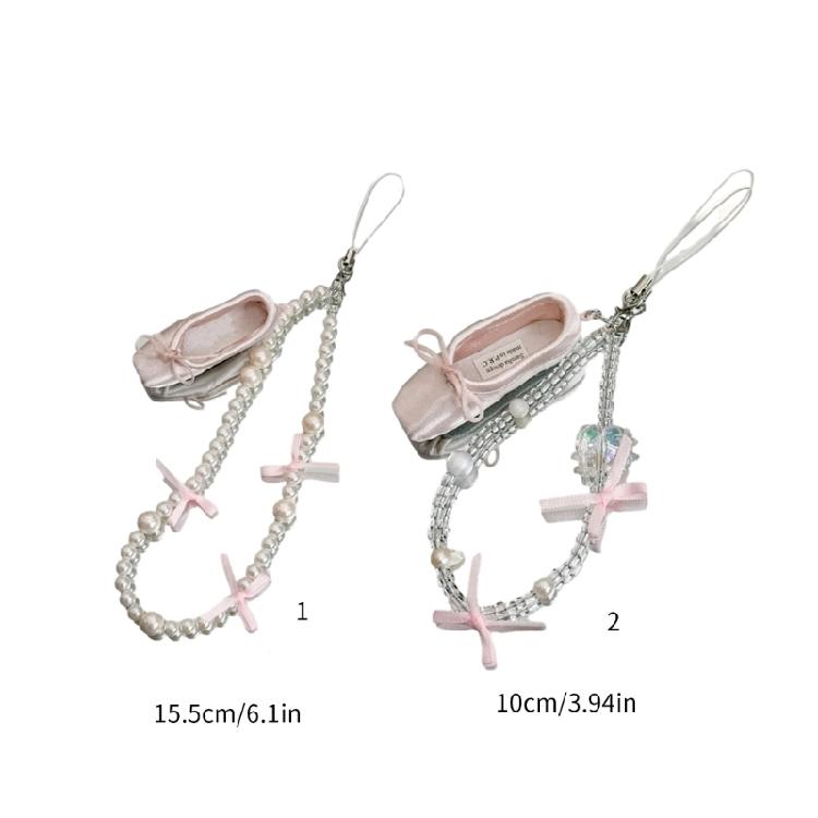 Sweet Bowknot Ballet Shoes Anti-lost Strap Crystal Pearl Beaded Phone Chains
