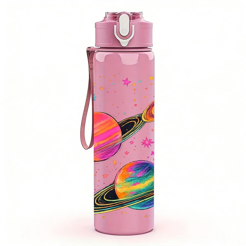 1PC Rocket Planet Outer Space Pattern 750ml Color Plastic Sports Water Bottle Leakproof Flip Straw Lid Suitable for Sports Office Home Use