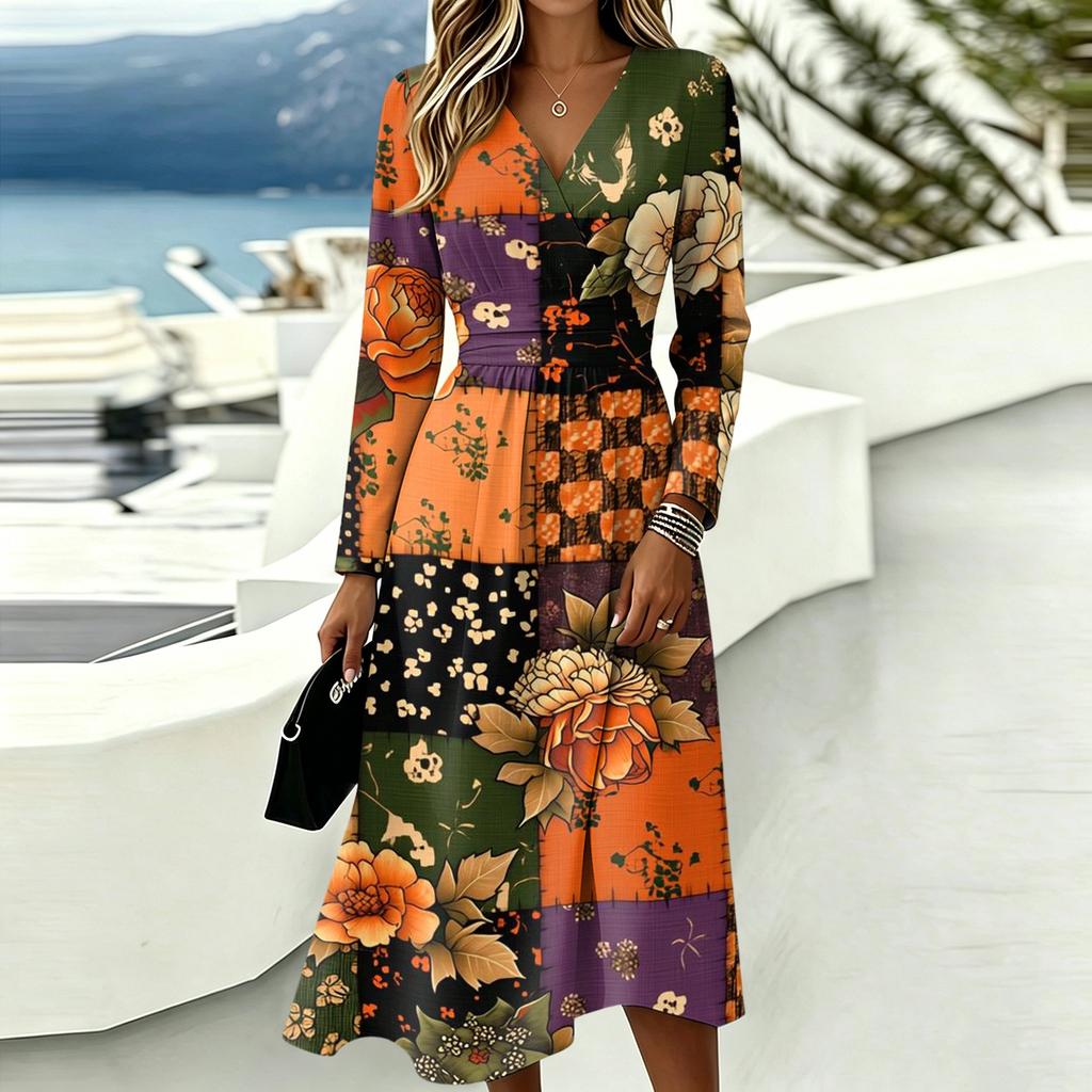 Women's Halloween Print V-Neck Long Sleeve Dress with Pockets for Casual Everyday Wear