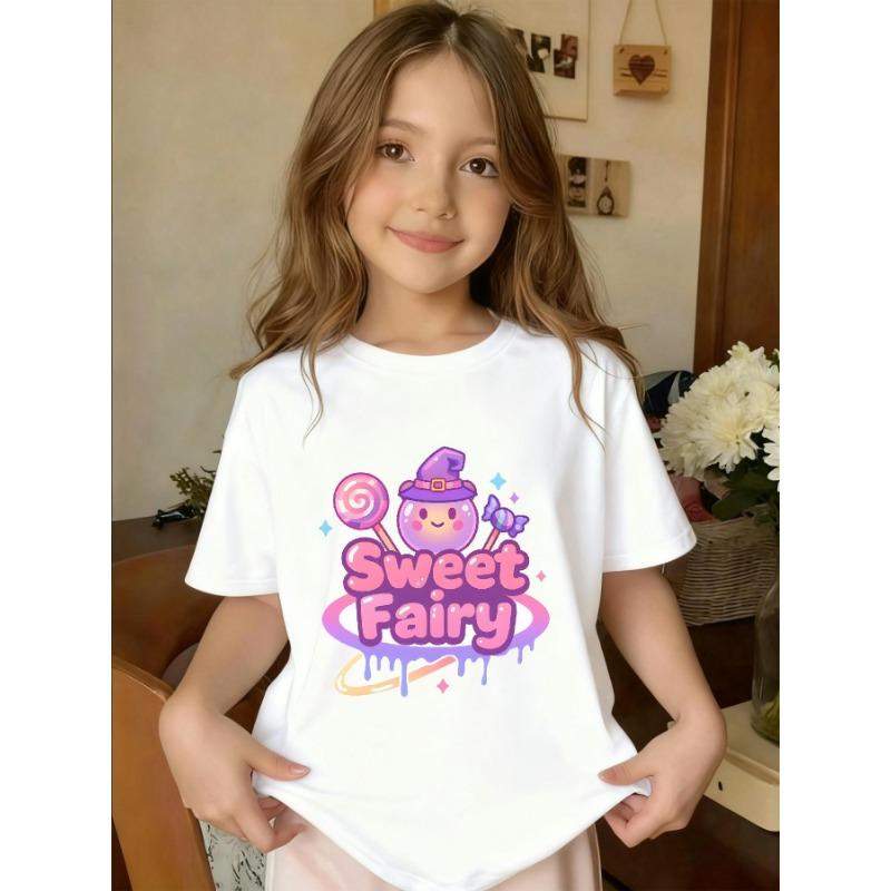 

European sizes Children Purple sweet Fairy Pattern Print. Round-neck Short Sleeves, Available in Black and White, Suitable for All Seasons 164cm білий