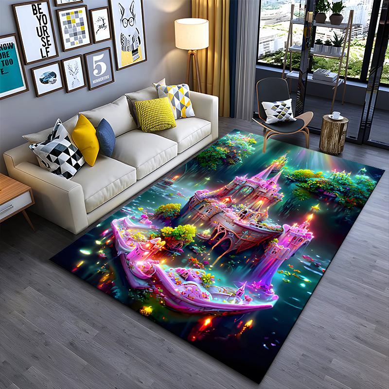 Colorful Fantasy Castle Landscape Rug Non-slip Rug Suitable for Living Room and Bedroom Sofas.