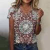 2024 Summer Breathable Comfortable Vintage 3D Floral Print V Neck Shirt Daily Home Short Sleeve T-Shirt Plus Size Women's Tops