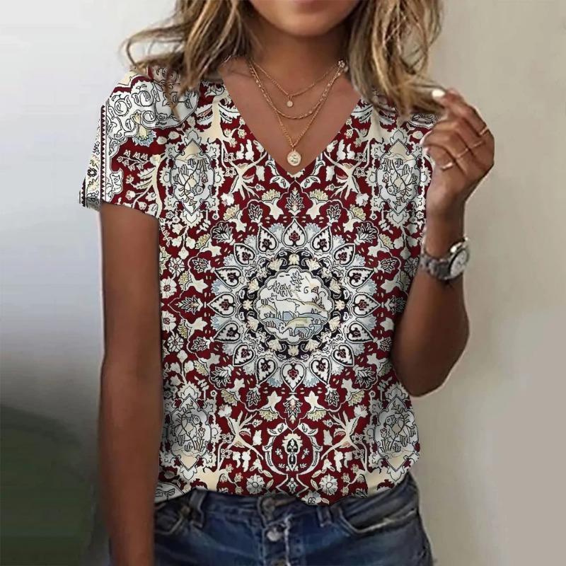 2024 Summer Breathable Comfortable Vintage 3D Floral Print V Neck Shirt Daily Home Short Sleeve T-Shirt Plus Size Women's Tops
