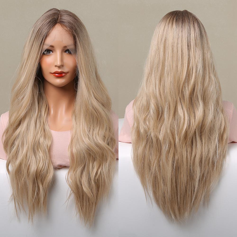 ALAN EATON Blond blonderfront syntetisk parykk Lang krøllete bølge Cosplay blonderfrontal hårparykk for hvite kvinner Afro Ombre bølgete varmebestandig