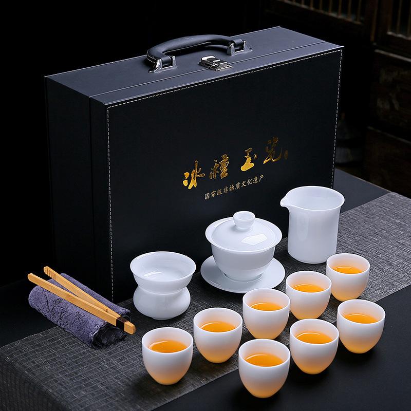 High-grade Suet Jade Ice Seed Jade Porcelain Kung Fu Tea Set Company Business Gift Household Cover Bowl Gift Box