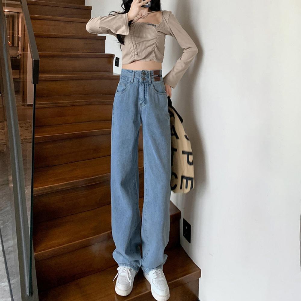 High waist wide legs straight jeans women's spring and autumn models new Korean version small loose and thin trousers ins tide