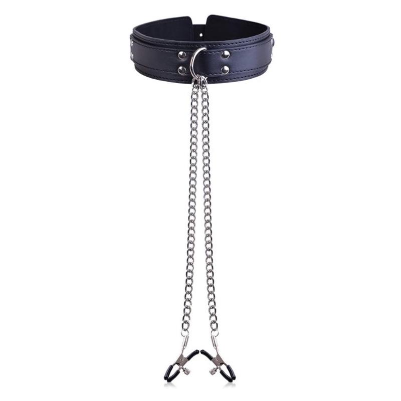 SM Adult Nipple Clamps Leather Choker with Chain - Kinky Erotic Necklace for Couples