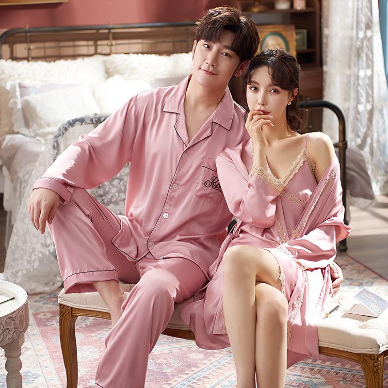 New bride wedding couple pajamas women's silk ice silk sexy suspender nightgown nightgown dressing gown burgundy suit