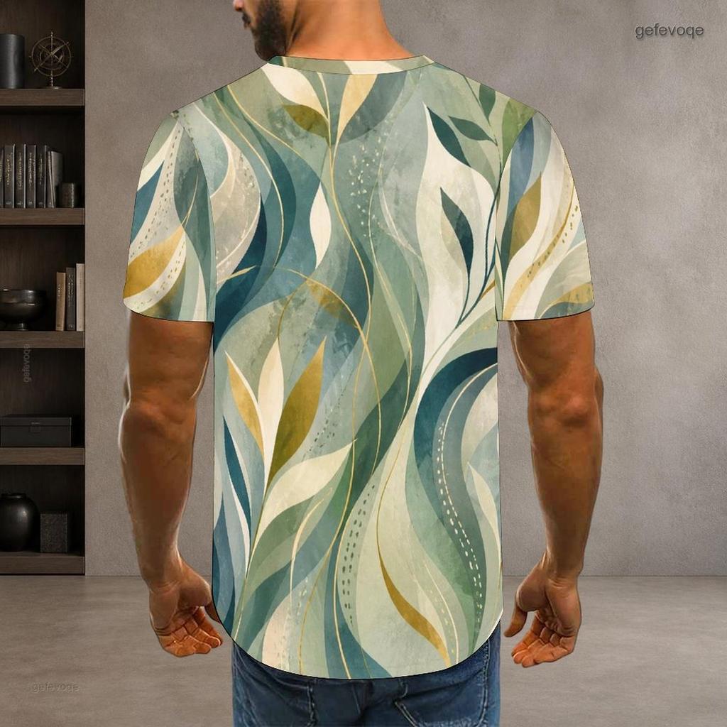 Men Plus Size Green Tropical Leaf Printed Round Neck Short Sleeve Pullover T Shirt Straight Hem