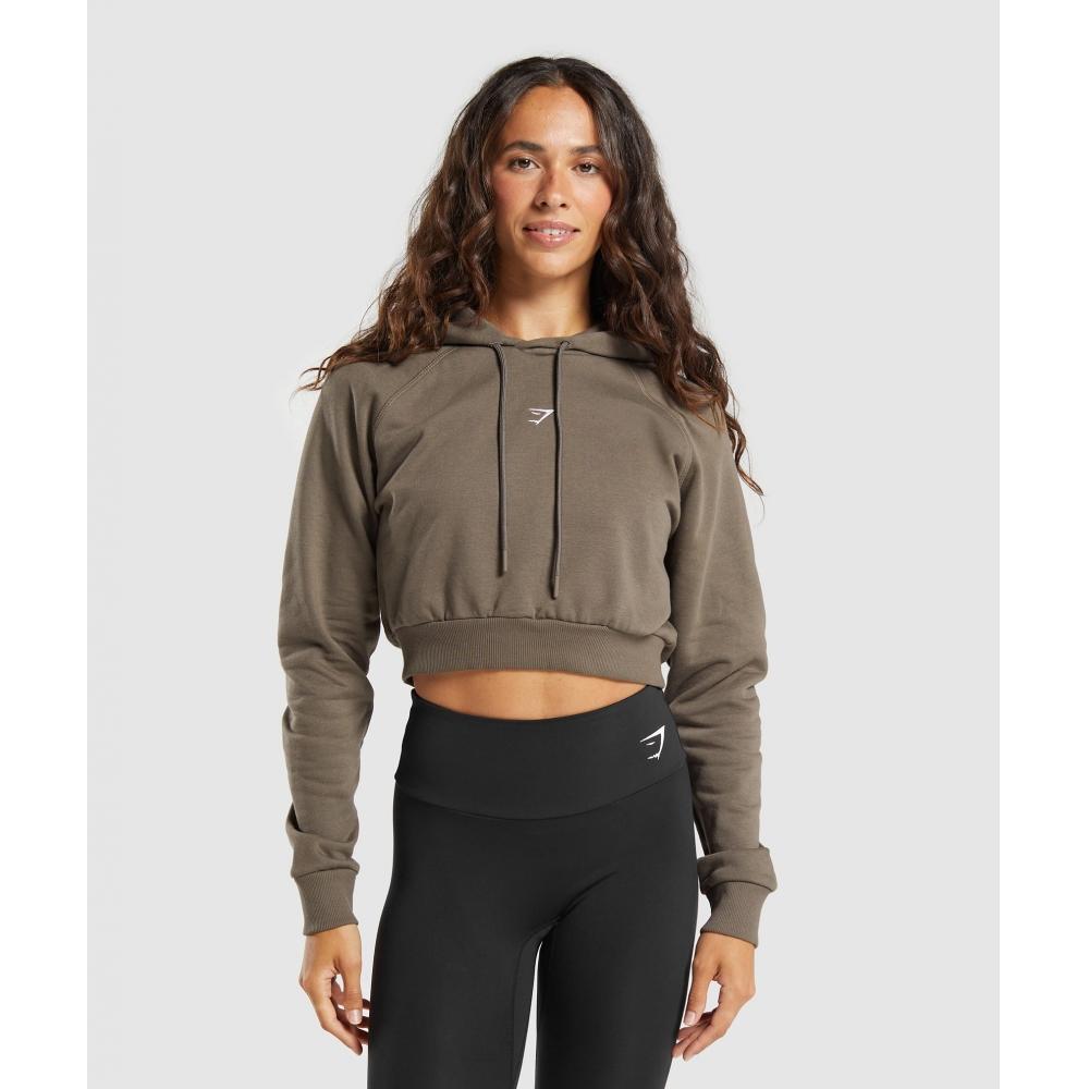 

GYMSHARK Training Fleece Cropped Hoodie Camo Brown B7A7T NBY9 XS