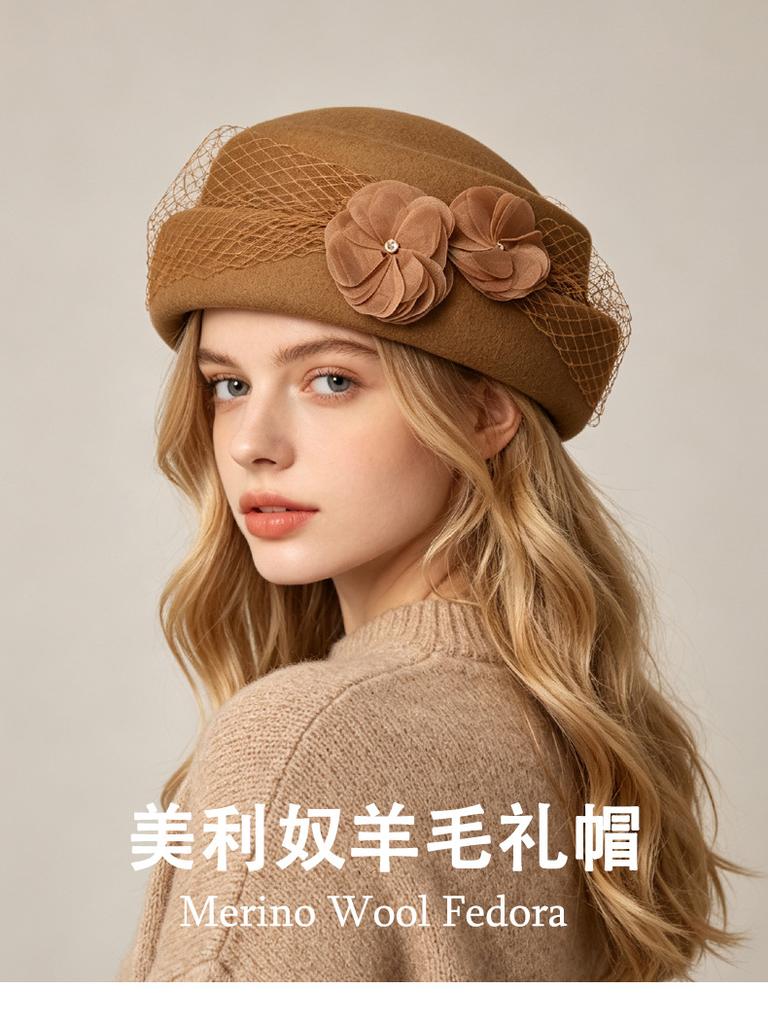 National Style Silk Hemp Pearl Flower Beret Children Autumn and Winter Australian Wool Felt Hat Heavy Industry Double Mode Mesh Top Hat
