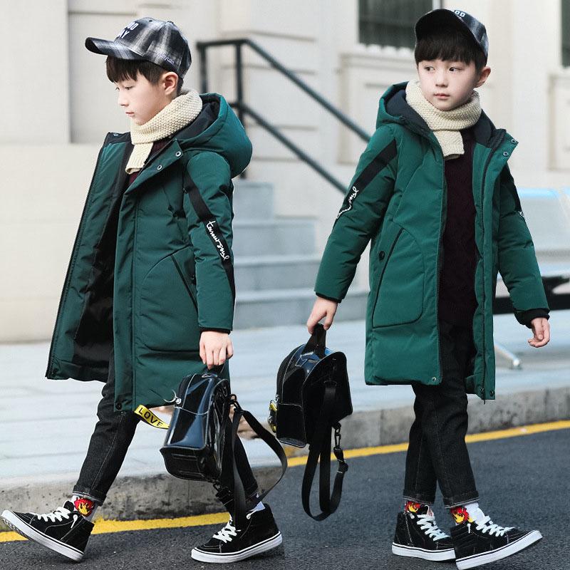 Warm Winter Boys Jacket Teenager Mid Length Plus Velvet Thickening Hooded Cotton Coat Kids