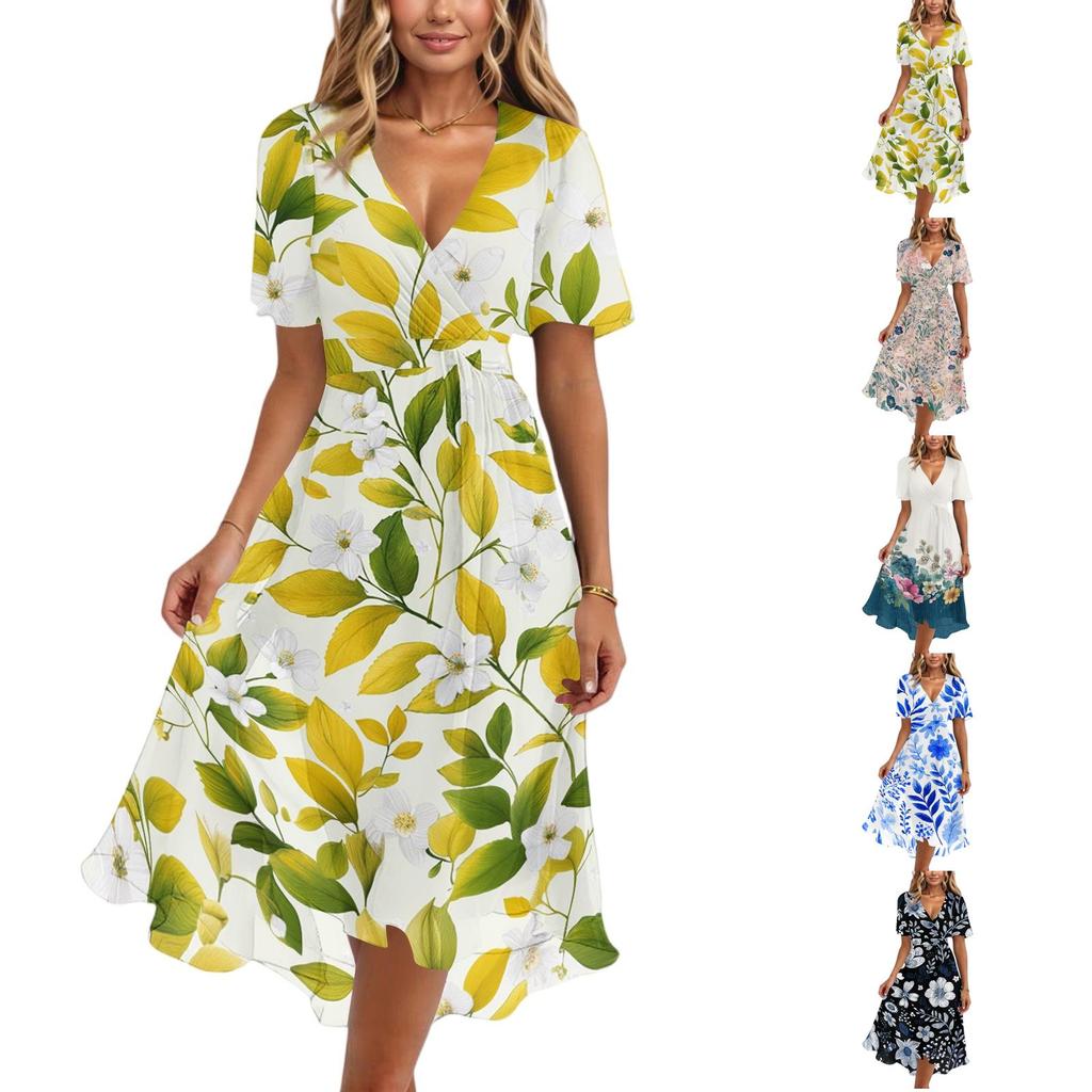 Womens Summer V Neck Short Sleeve A Line Midi Dress Floral Print Flowy Casual Vacation Sundress with Pockets S to 2XL