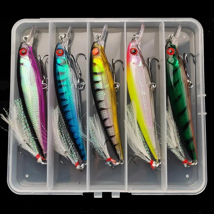 Laser 3D Eyes Bionic Minnow Fishing Lure 5pcs/Box - 13.3g/6.8g Hard Bait with Feather Treble Hooks for Better Catch