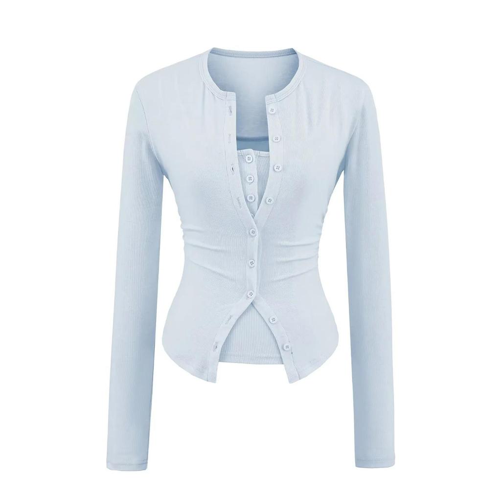 American Style Women's Waist-Cinched Button-Down Cardigan Vest and T-Shirt Two-Piece Set
