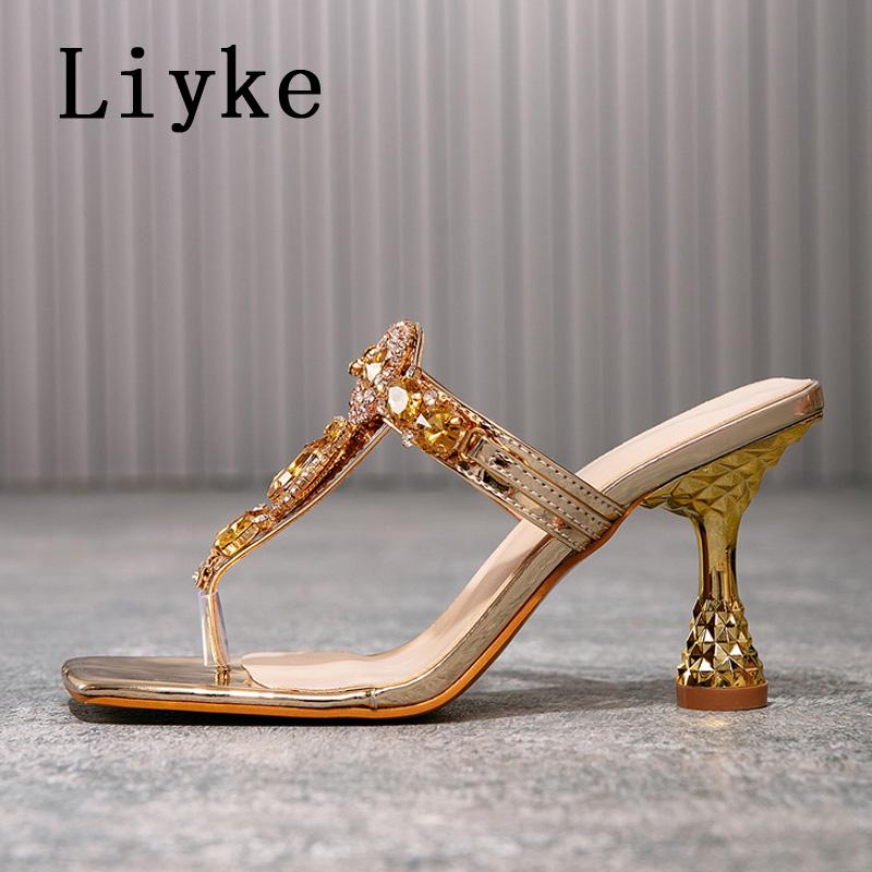 

Fashion Liyke New Fashion Gold Diamond Strap Women Slippers Clip Toe Thin High Heels Mules Slides Summer Party Dress Shoes Flip Flops 36 золотой