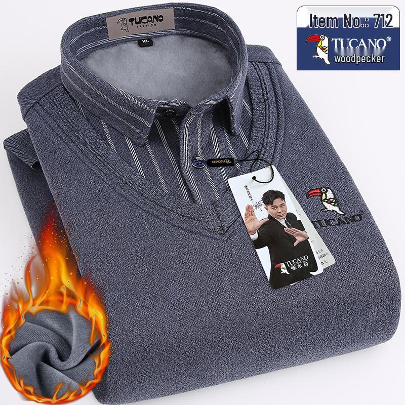 Woodpecker Men's Fleece-Lined Long Sleeve Two-in-One Thick Shirt Sweater for Dad