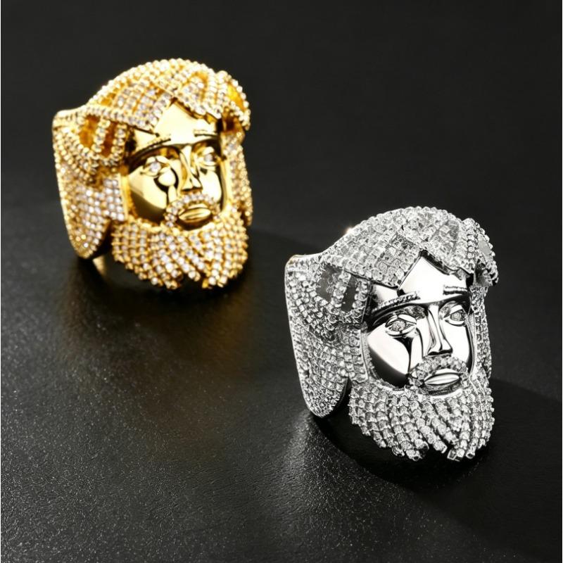 European and American New Hip-hop Retro Portrait Ring with Copper Inlaid Zircon, Niche Design, Exaggerated and Trendy Men's Ring