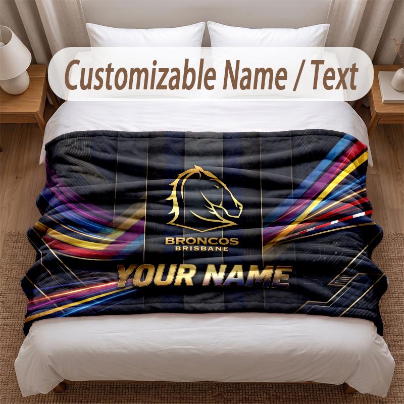 Brisbane Broncos Printed Flannel Blanket Custom Name Text Soft Warm Throw For Bedroom Holiday Gift
