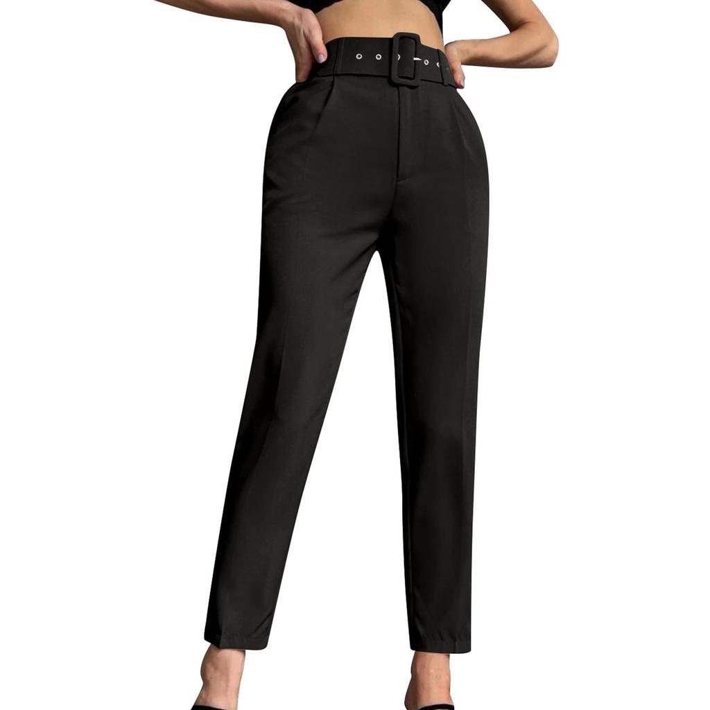 Women's Solid Color Casual Pants Micro-elastic Slim-fit Belt Embellished Straight-leg Suit Nine-point Pants